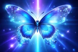 cosmic lightblue bright butterfly flying over a magic crystal