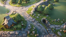 fantasy environment view from above, a road going across the screen, summer warm day, a hobbit hole on the right near the road blocky 3D low poly cartton render style