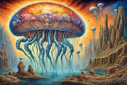 .bones. A jellyfish Cosmic robot .Fantasy, perfect anatomy, fantasy, vibrant digital art professional award winning masterpiece, oil on canvas Atmospheric extremely detailed Josephine Wall