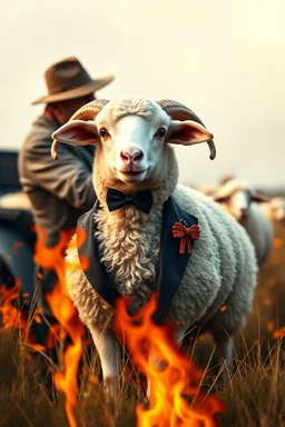 Cute tuxedo sheep in 4x4 on fire, ip in cashmere roll --ar 3:4 --style raw --personalize kzilt9y --stylize 1000 --v 6.1, big (AUTOFARM) title at top ,landrover sheep, (((steampunk)))) man, working in field, style of australian painting from the 1970s, advertisment in 80s magazine high class, blues, reds