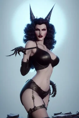 Rita Hayworth as evil queen in black leather, busty, cleavage, curvy, angry, stern look. character design by cory loftis, fenghua zhong, ryohei hase, ismail inceoglu and ruan jia. unreal engine 5, artistic lighting, highly detailed, photorealistic, fantasy