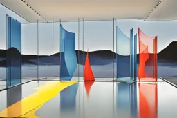 a surreal open glass gate in a glass wall with a view of a desolate landscape, fog, storm, strong contrasts, by artist "Leonora Carrington",by artist "Zaha Hadid",These colors are bold, vibrant, and intense, including shades of primary colors such as red, blue, and yellow.