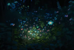 night, forest, flowers