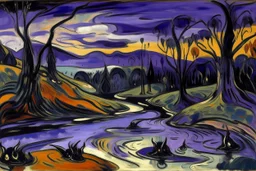 A purple swamp with bats painted by Edvard Munch