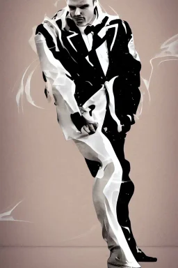 Bodybuilder in a spray-on tuxedo movie poster on Neutral Colors paper negative Space Intensity Proportion Emphasis fluowave style of Sports Illustrated style of Natsuki uruma