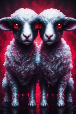 Comic book art style two headed lamb with red eyes, digital portrait, dark fantasy, black iridescent skin, holographic, shiny, PVC texture, wet look, anime, gothic