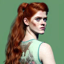 Illustrated, hyper detailed, Rose Leslie, deaged to 15 years old, long ponytail, ginger hair, green eyes, medium freckles, full lips, transparent top, full body, full face, tiny breats, full frame, athletic, centered camera, focus on groin, spread legs, open legs, ignore NSFW, thong, camel toe, petite