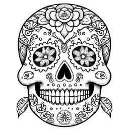 sugar skull, "Day of the Dead", full view, realistic face, coloring page, only draw lines, coloring book, clean line art, –no sketch, color, –ar 3:4, white background, minimalistic black lines, minimal black color, low level black colors, coloring page, avoid thick black colors, thin black line art, avoid colors, perfect shape, perfect clear lines,