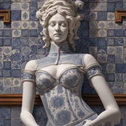 Insanely detailed Hd Photography of concept photography of a woman statue made from portuguese azulejo tiles, oozing ceramic, azulejo design visible, insanely good concept photography of an azulejo mind made from azulejo tiles inspired by Igor morski by Pranckevicius