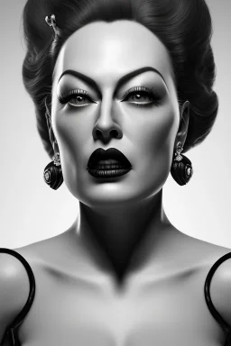 Joan Crawford as evil queen in black leather, busty, cleavage, dominatrix, curvy, angry, stern look. unreal 5, octane render, cinema4d, dynamic lighting, dramatic lighting, 4k, redshift render, highly detailed, hyper realistic,anthropomorphic