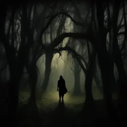 Generate an creepy shadow of a hooded man in an eerie forest with twisted trees, vines, and otherworldly elves hidden in shadows. The ground is covered in moss and leaves. A haunting chorus echoes in the distance. The overall mood should be mysterious and unsettling. Avoid modern elements or bright colors. There has to be shadows in the tops of the trees or behind the trees.