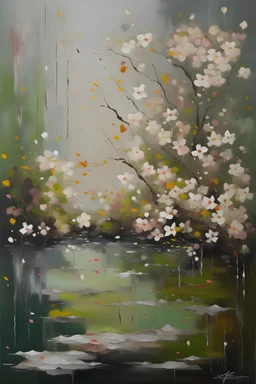 Oil painting of lush Sakura blooms like fine splatters, flowers falling in the water below, abstract, muted colours