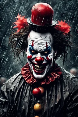 ultra detailed and highly realistic image of a gothic, scary clown, close up of him standing in the rain, the rain messed up his face makeup as it smudged of his face, chaotic, dramatic upclose view, 32k, splatter paint style