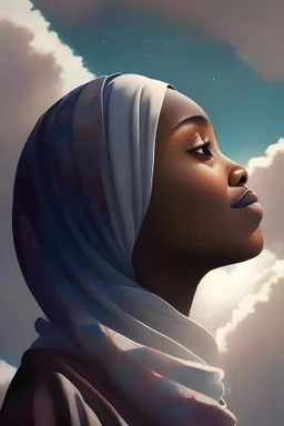 ChatGPT A black Muslim woman with a round face looks towards the sky, offering silent prayers to Allah. She reflects on the beauty of Islam and the blessings in her life. With renewed purpose and determination, she continues her journey with faith and courage.