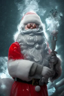 All Black Santa, ghost, wearing green mask, white smoke, red, rage, high definition, ultra 8 k, volumetric lighting, blue fire, rain