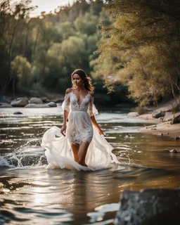 beautiful girl in pretty dress walking in water toward camera in trees next to wavy river with clear water and nice sands in floor.camera capture from her full body front