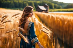 extreme close up shot of golden wheat field next to river ,a watermill on river, a beautiful girl in pretty long dress walking in