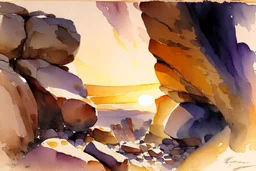 Sunset, rocks, mountains, rocky land, epic, john singer sargent watercolor paintings