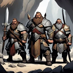 The sturdy Dwarves in front of the cave, with their characteristic proud, stout physiques, wear ornate, battle-worn armor adorned with bold, geometric patterns, and wield mighty axes, hammers, and swords. Their facial features are strong, with prominent beards, bushy eyebrows, and piercing, gemstone-like eyes. We Were Born Ready