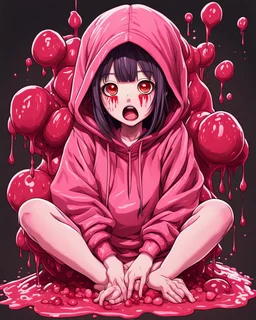 Anime girl crushed inside really darkred fleshy stomach filled with digestive juices, sit pose, fullbody, serius, tears, Junji Ito style, pink tones, pastel tetradic colors, 3D vector art, isometric style, retro aesthetic,rolling eyes, tongue out, saliva drip, open mouth,toph bei fong, croppedhoodie, underboob, mountainous horizon, 1girl, toph, bangs, black hair, blind, grey eyes, hair between eyes, hair bun, hairband, short hair, cropped hoodie underboob, cropped hoodieunderboobhoodie