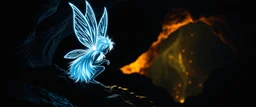 pen outline with some neon airbrush, reflective transparent glowing pixie in the shadows with long fluffy white fur looking at awesome glowing cave painting, pin hole camera, in the style of Rembrandt