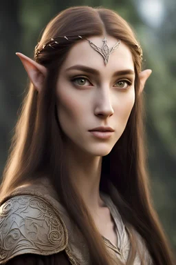 young elven woman with an ordinary face, very long brown hair and brown eyes