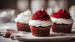 Red Velvet Cupcakes , side lighting, blurred background