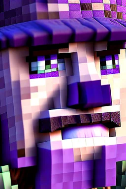 a close-up portrait of a purple Minecraft face, farmer, 3d, large pixel style