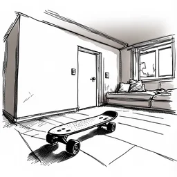 sketch, a skateboard , it is on a corner of a room