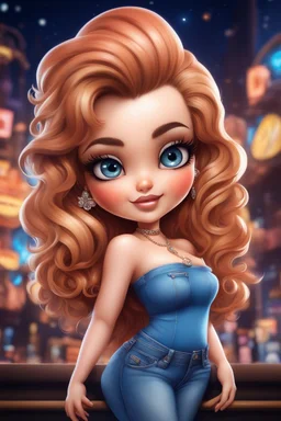 create an airbrush illustration of a chibi cartoon curvy white female wearing Tight blue jeans and a peach off the shoulder blouse. Prominent make up with long lashes and hazel eyes. She is wearing brown feather earrings. Highly detailed long black shiny wavy hair that's flowing to the side. Background of a night club.