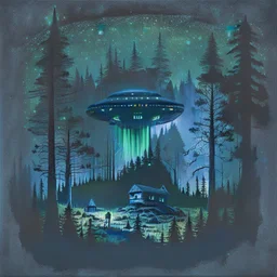 a dark forest with a house in the distance and a ufo in the sky, dark tones impressionistic