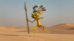a funny crazy maniac little creature that dance in a desert, the creature is yellow and green, have big eyes and long legs, he likes to dance and jump with his spear, he ls little evil and likes to scream "Musta", and have a big mouth sharp teeth, small penis, tribal look, head dress with feathers