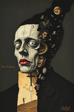 predictive demoralization, surreal, metaphoric, minimal, fragmented illustrated collage, 3 stages of grief, by Dave McKean