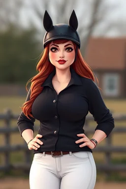 In a realistic, non-anime, cartoon style like: body shot of 40-year old chubby redhead with thick red lips and smoky eyes with long lashes who looks a lot like Jewel DeNyle. She is wearing equestrian attire with tight white pants.