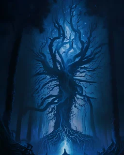 An ethereal and otherworldly scene of a dark, moody forest at night, with gnarled trees and twisted roots illuminated by a glowing blue mist, and a ghostly figure hovering in the center, its features indistinct and shifting as if made of smoke.