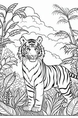 Showcase a cute tiger in a lush Asian rainforest, clean line art, white background, no shadows, black and white coloring book.