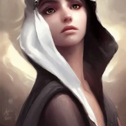 a _ fantasy _ style _ portrait _ painting _ of beautiful white female black silky hair short head smirk round face hood robe rpg dnd oil _ painting _ unreal _ 5 _ daz. _ rpg _ portrait _ extremely _ detailed _ artgerm _ greg _ rutkowski _ greg