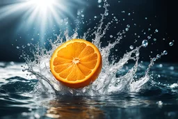 highspeed shot, an orange fruit plops into the crystal clear water to the half, the water splashes up, the moment is captured, close-up, photorealistic, bright lighting, depth of field, beautiful light and shadow design,dramatic scene