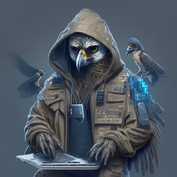 A falcon as a hacker using a hoodie, military and hacker gadgets