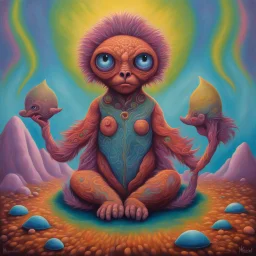 Representation of the aura of a cute fuzzy creature who dreams horrible atrocities, by Didier Mazunu, Dave Kendall, surrealism, matte oil, psychedelic.