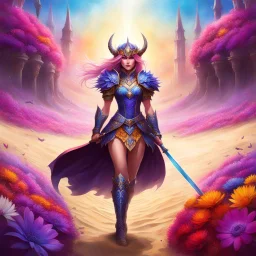 In the heart of the grand arena, bathed in the kaleidoscope of colors from the myriad flowers that adorn the sand, the unknown warrior and the monstrous virus champion face off. The air is thick with anticipation, the crowd's murmurs a symphony of excitement and dread. The elfmaid warrior stands poised, her features obscured by the helm she wears, her sword gleaming in the sunlight that filters through the ancient stones of the arena. Opposite her, the immense evil champion looms, a towering beh