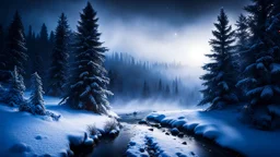 fir forrest scenery, heavy mist,valley,creek,forest,christmas ,tree,,nature,night,snow,fir tree,high-quality photograph,zeiss prime lens, bokeh , high detail, smooth render, unreal engine 5, dust effect, vivid colors,night