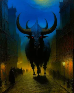 A dark blue demonic empire with jagged horns painted by John Atkinson Grimshaw