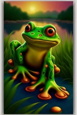 Create a captivating, high-resolution image of a leapfrog on a riverbank. The frog should appear almost hypnotic, with a gaze that directly engages the viewer as if it's looking into the camera. The artwork must be rendered in an 8k ultra-detailed cartoon style, showcasing vibrant colors and intricate details that bring the character to life