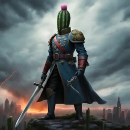 a heroic humanoid cactus without face, without hair, wearing a blue prussian officer uniform, Majestic sword, background chaotic medieval battlefield, storm, dark sky, tattered banners, buildings