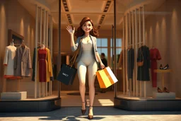 3D video game character elegant young woman enthusiastically and cheerfully comes out of a fashion store, on her arms several elegant branded paper bags, in the window clothes and shoes, S<AI in sunshine