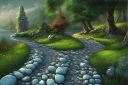  winding stone path lit river