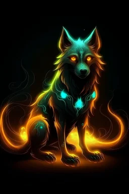 Super cool glowing a spiritual elemental canine with mencaing glowing eyes In a dark room. It sits alone staring deeply into the screen, it has a painted-anime style.