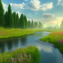 landscape 8k ultra realistic, beautiful, grass meadow with river, in a pastel style