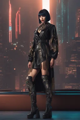 full-body-art of a woman with a bob with a fringe hairstyle, Cleopatra clothing, black knee-high boots, cyberpunk city background